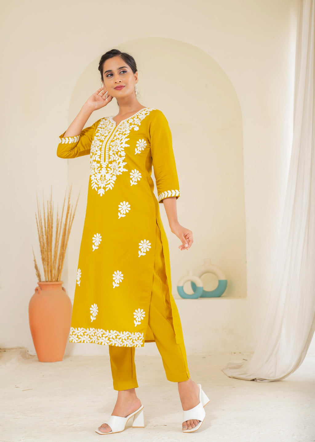 Juniper Mustard Solid Embroidered Straight Kurta Pant Set With Thread Work | Grocsy
