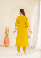 Juniper Mustard Solid Embroidered Straight Kurta Pant Set With Thread Work | Grocsy