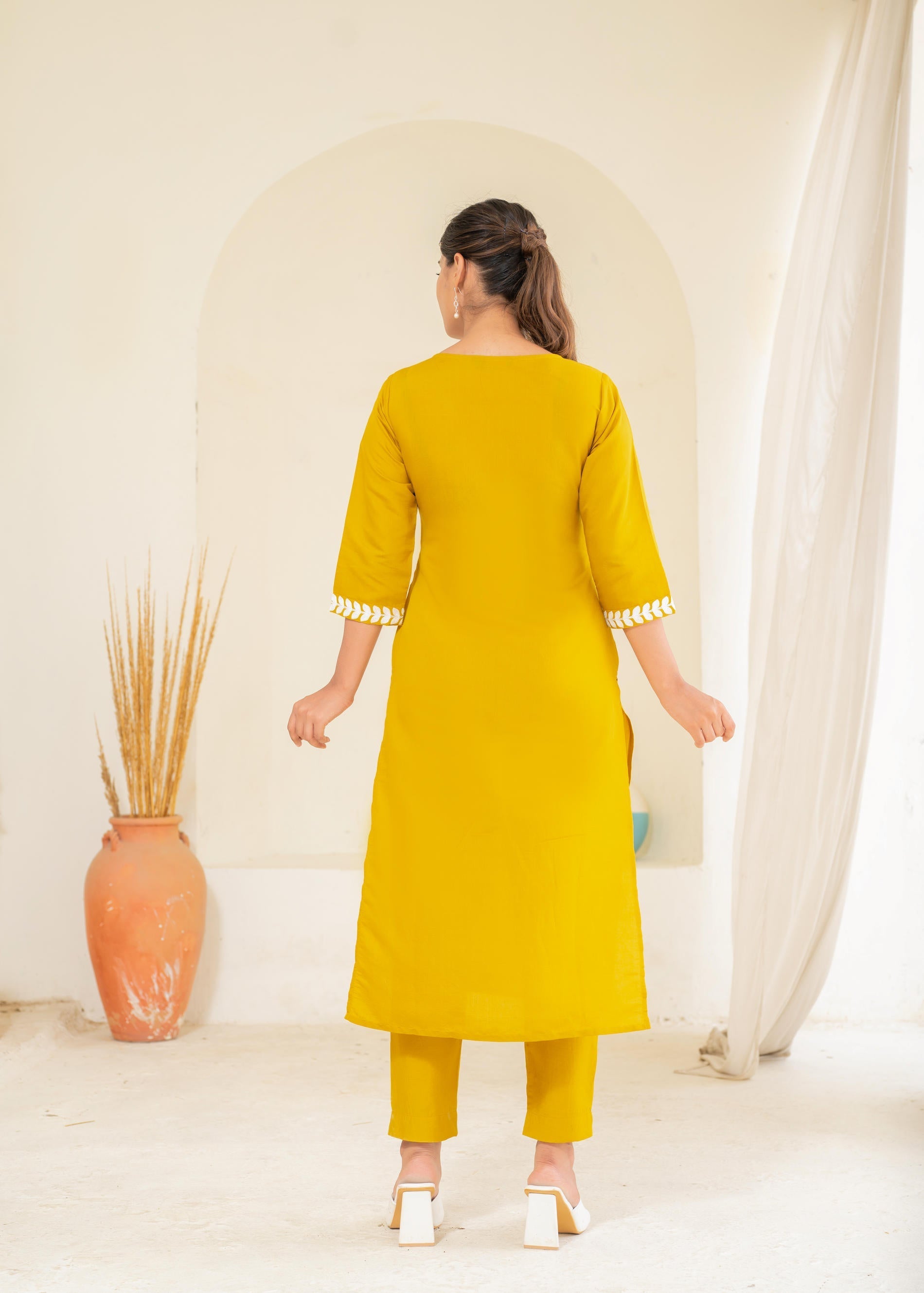 Juniper Mustard Solid Embroidered Straight Kurta Pant Set With Thread Work | Grocsy
