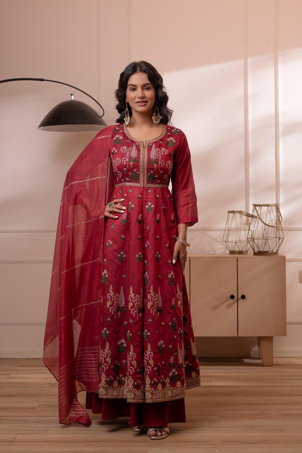 Juniper Embroidered Maroon Long Kurta And Skirt With Dupatta | Grocsy