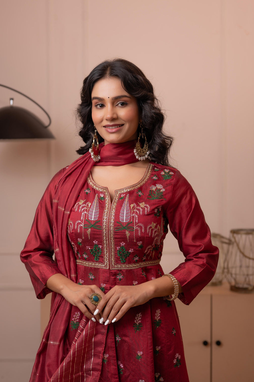 Juniper Embroidered Maroon Long Kurta And Skirt With Dupatta | Grocsy
