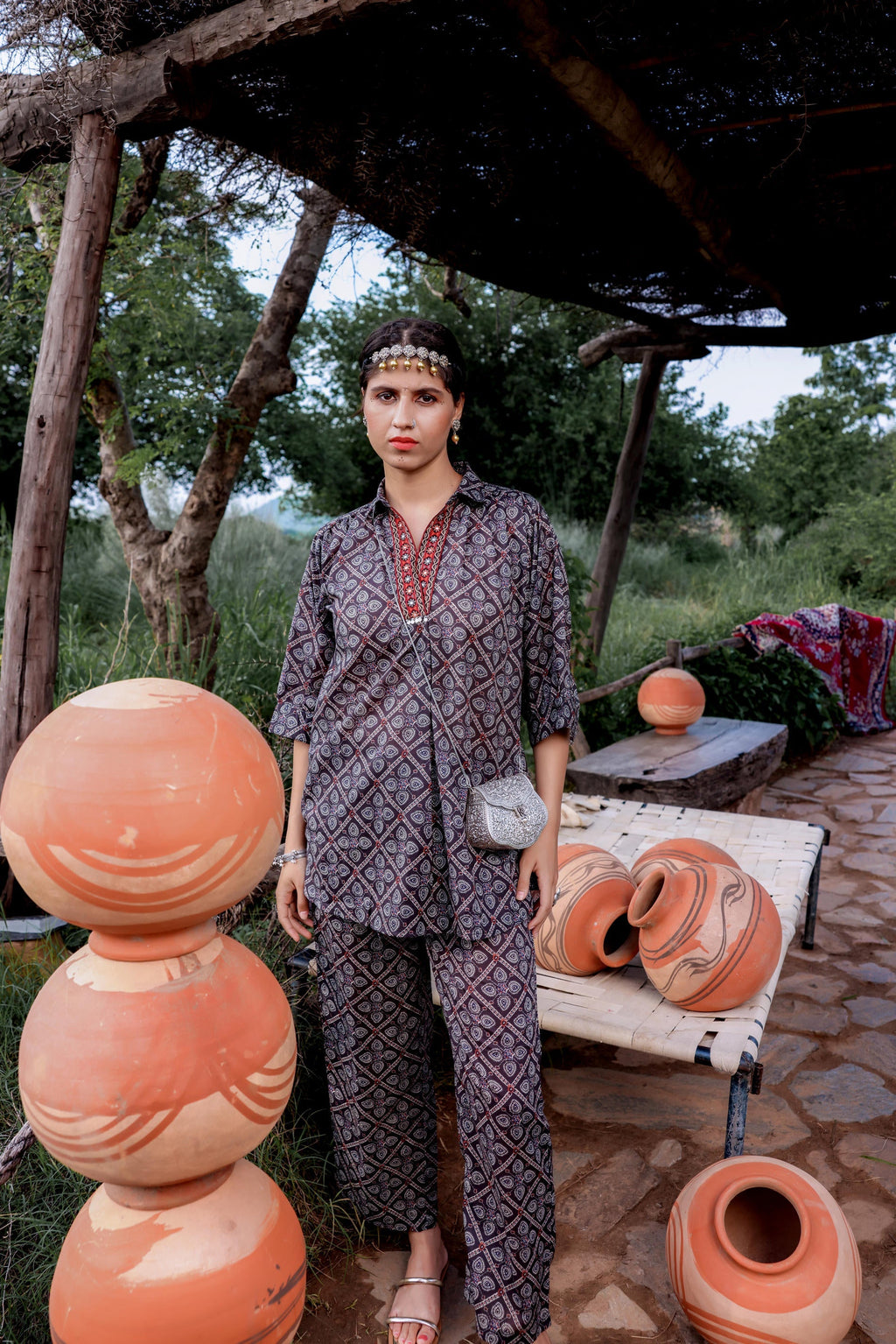 Juniper Black Floral Embroidered Co-Ord Set With Tunic & Printed Pants | Grocsy