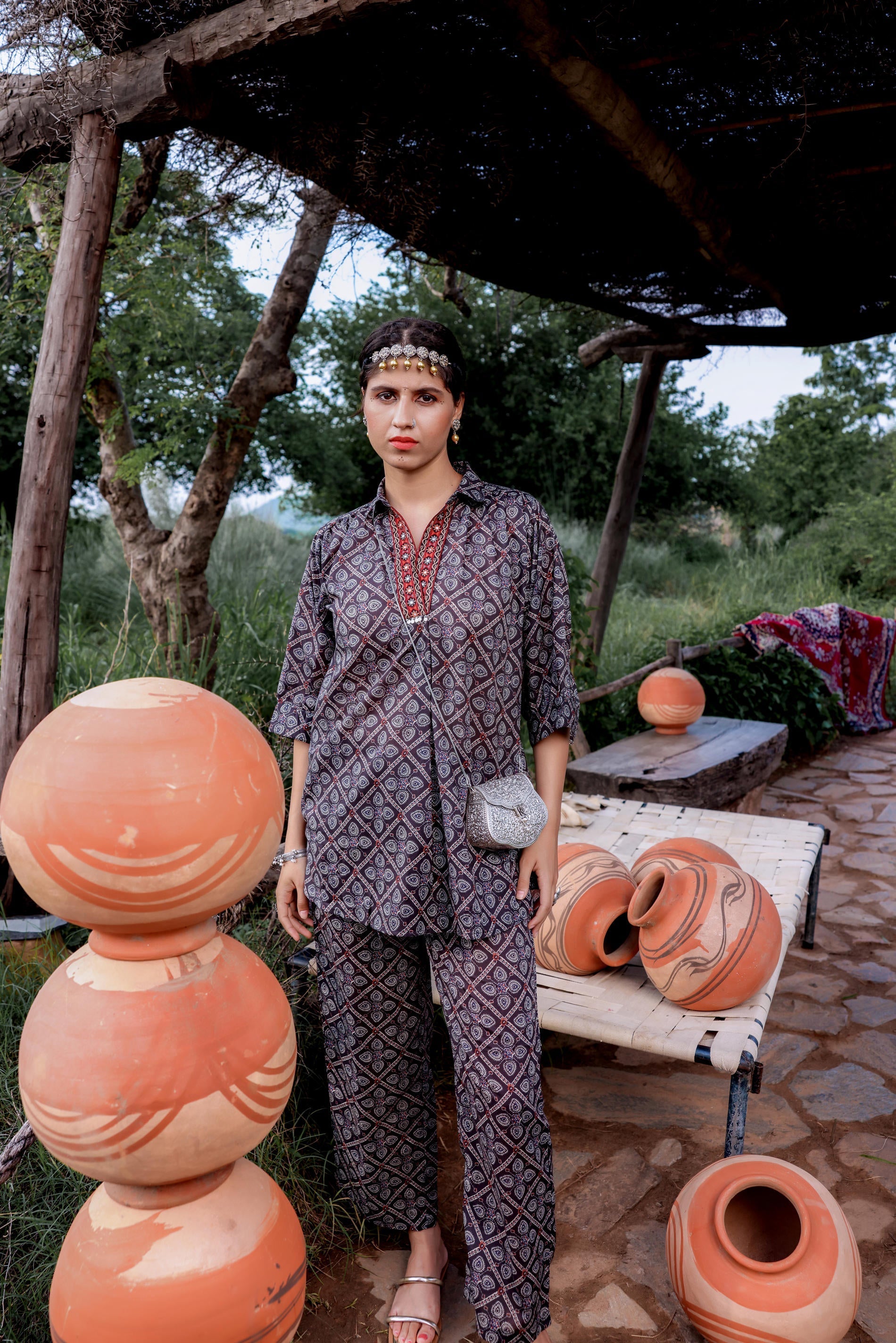 Juniper Black Floral Embroidered Co-Ord Set With Tunic & Printed Pants | Grocsy