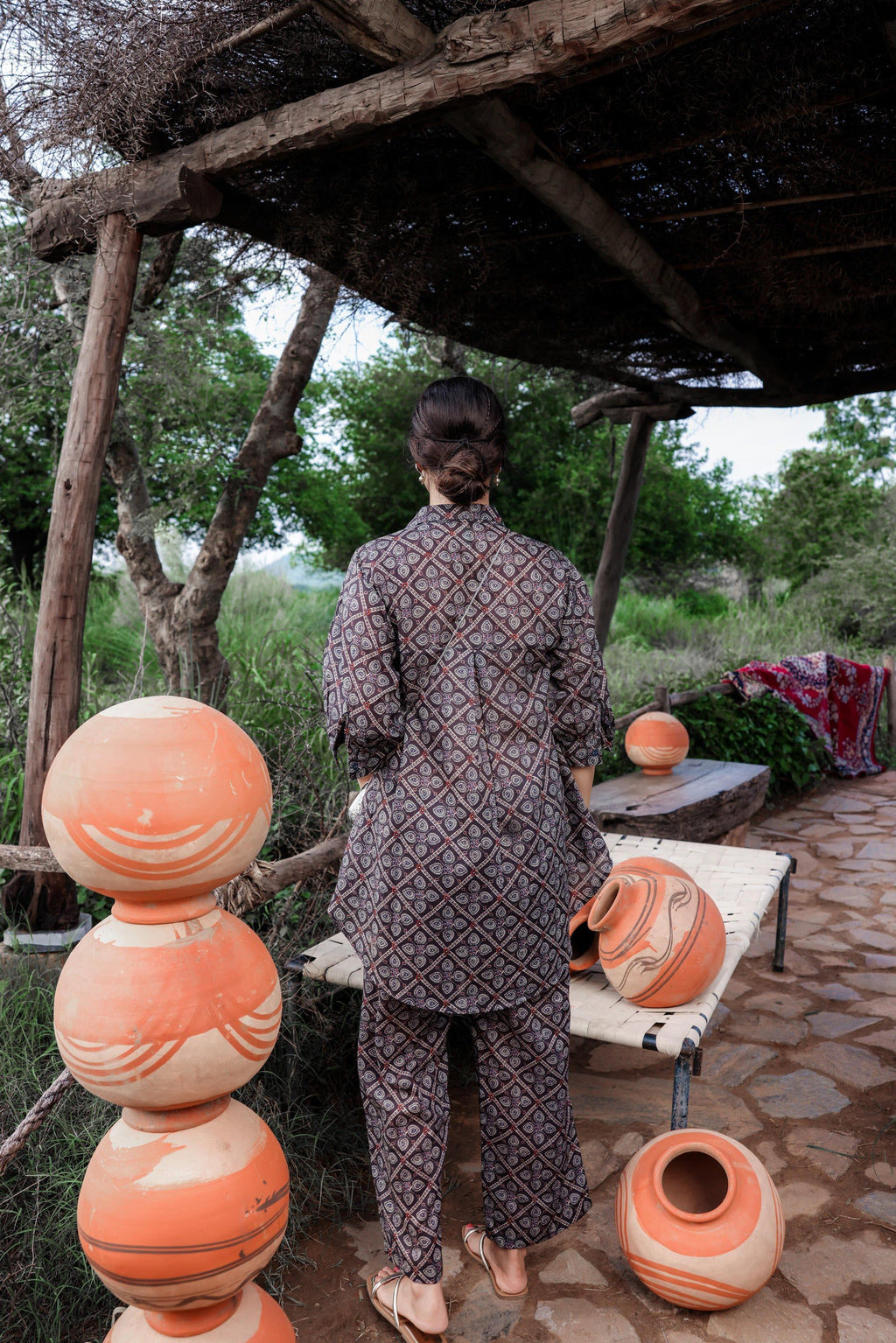 Juniper Black Floral Embroidered Co-Ord Set With Tunic & Printed Pants | Grocsy