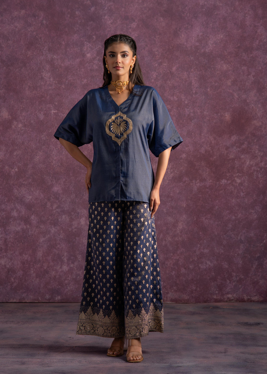 Juniper Indigo Viscose Solid A-Line Tunic With Pants Co-Ord Set With Zari & Sequence Work | Grocsy