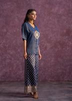 Juniper Indigo Viscose Solid A-Line Tunic With Pants Co-Ord Set With Zari & Sequence Work | Grocsy