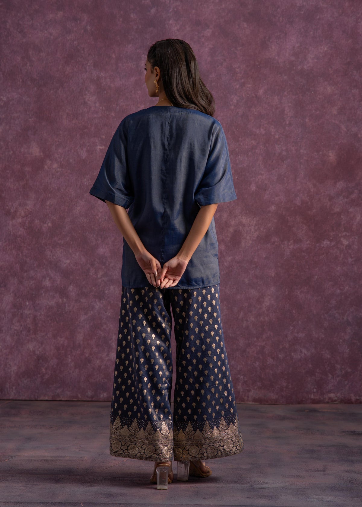 Juniper Indigo Viscose Solid A-Line Tunic With Pants Co-Ord Set With Zari & Sequence Work | Grocsy