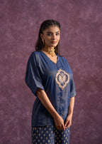 Juniper Indigo Viscose Solid A-Line Tunic With Pants Co-Ord Set With Zari & Sequence Work | Grocsy