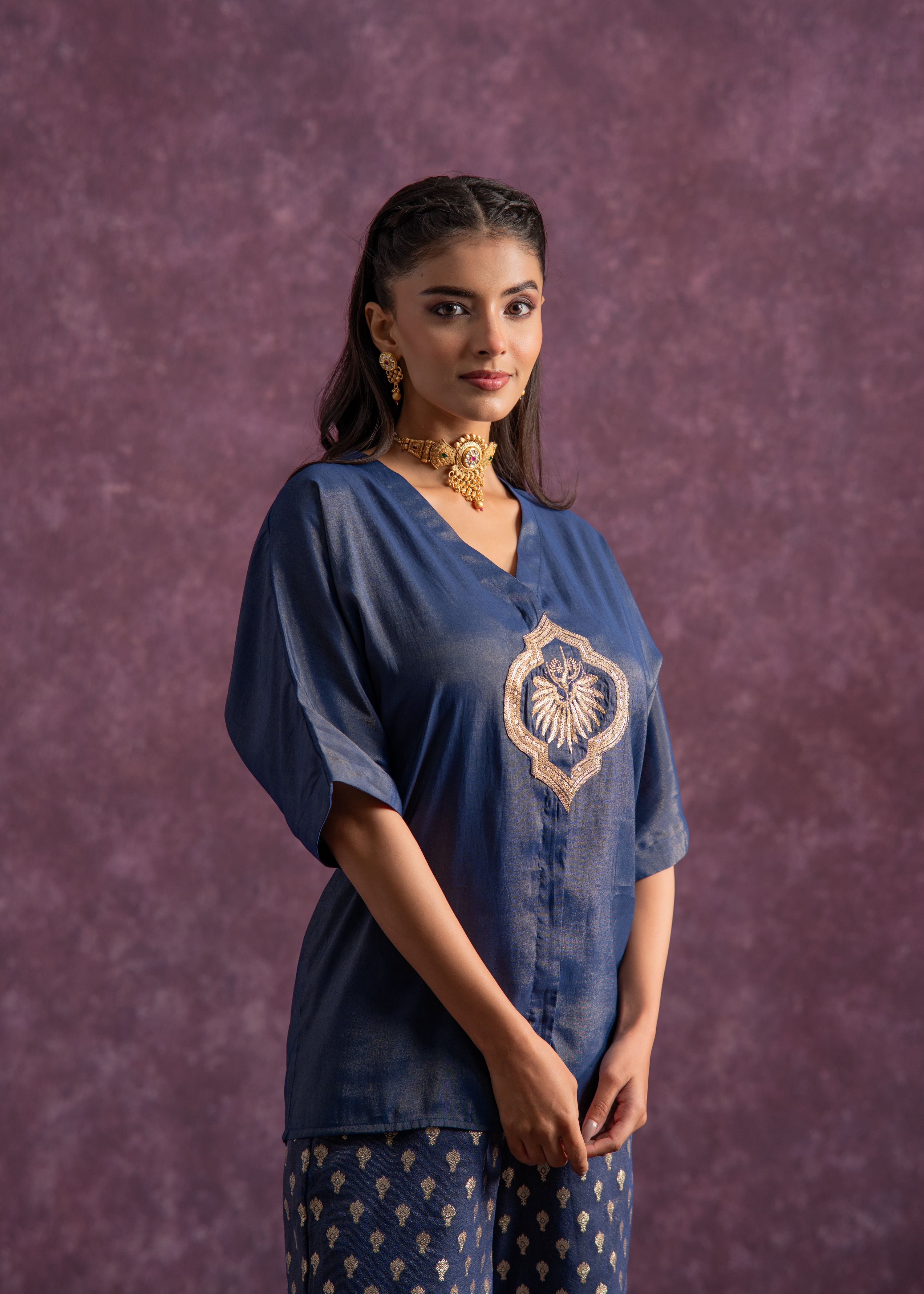 Juniper Indigo Viscose Solid A-Line Tunic With Pants Co-Ord Set With Zari & Sequence Work | Grocsy