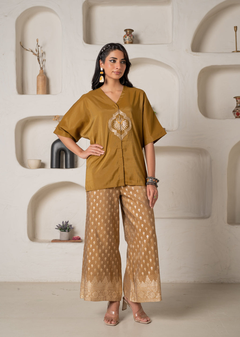 Juniper Mustard Viscose Solid A-Line Tunic With Pants Co-Ord Set With Zari & Sequence Work | Grocsy