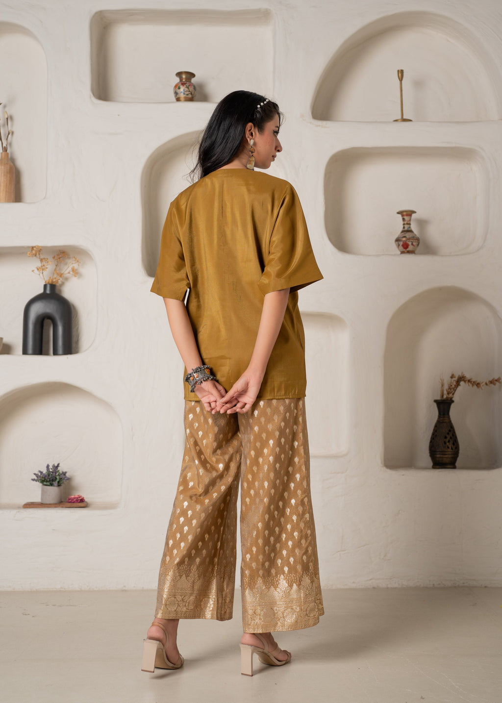 Juniper Mustard Viscose Solid A-Line Tunic With Pants Co-Ord Set With Zari & Sequence Work | Grocsy