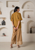 Juniper Mustard Viscose Solid A-Line Tunic With Pants Co-Ord Set With Zari & Sequence Work | Grocsy