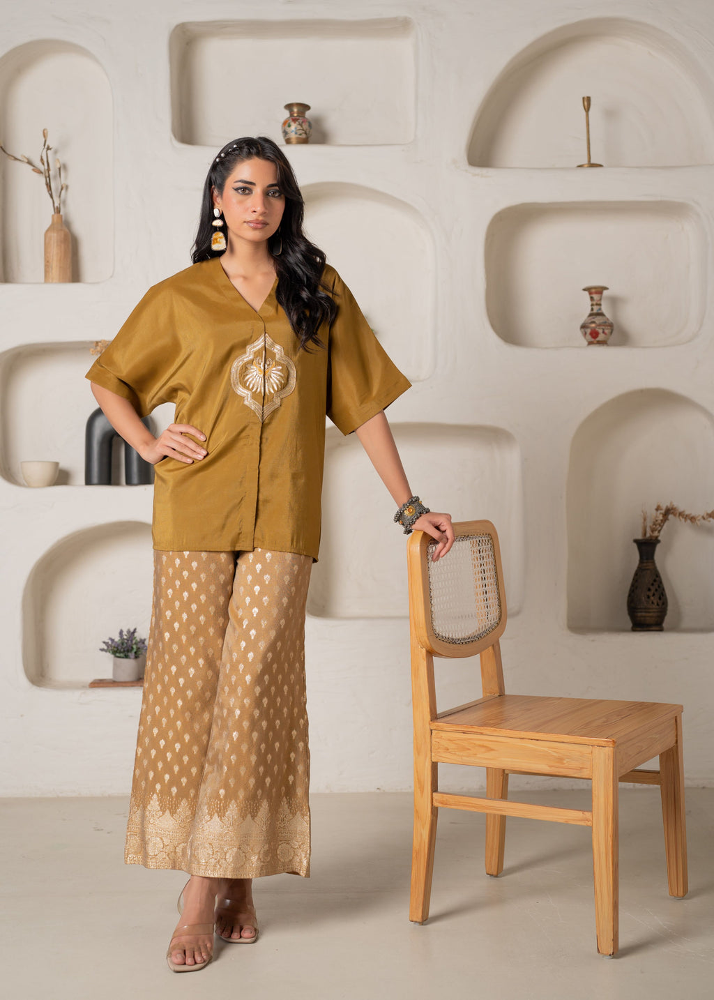 Juniper Mustard Viscose Solid A-Line Tunic With Pants Co-Ord Set With Zari & Sequence Work | Grocsy