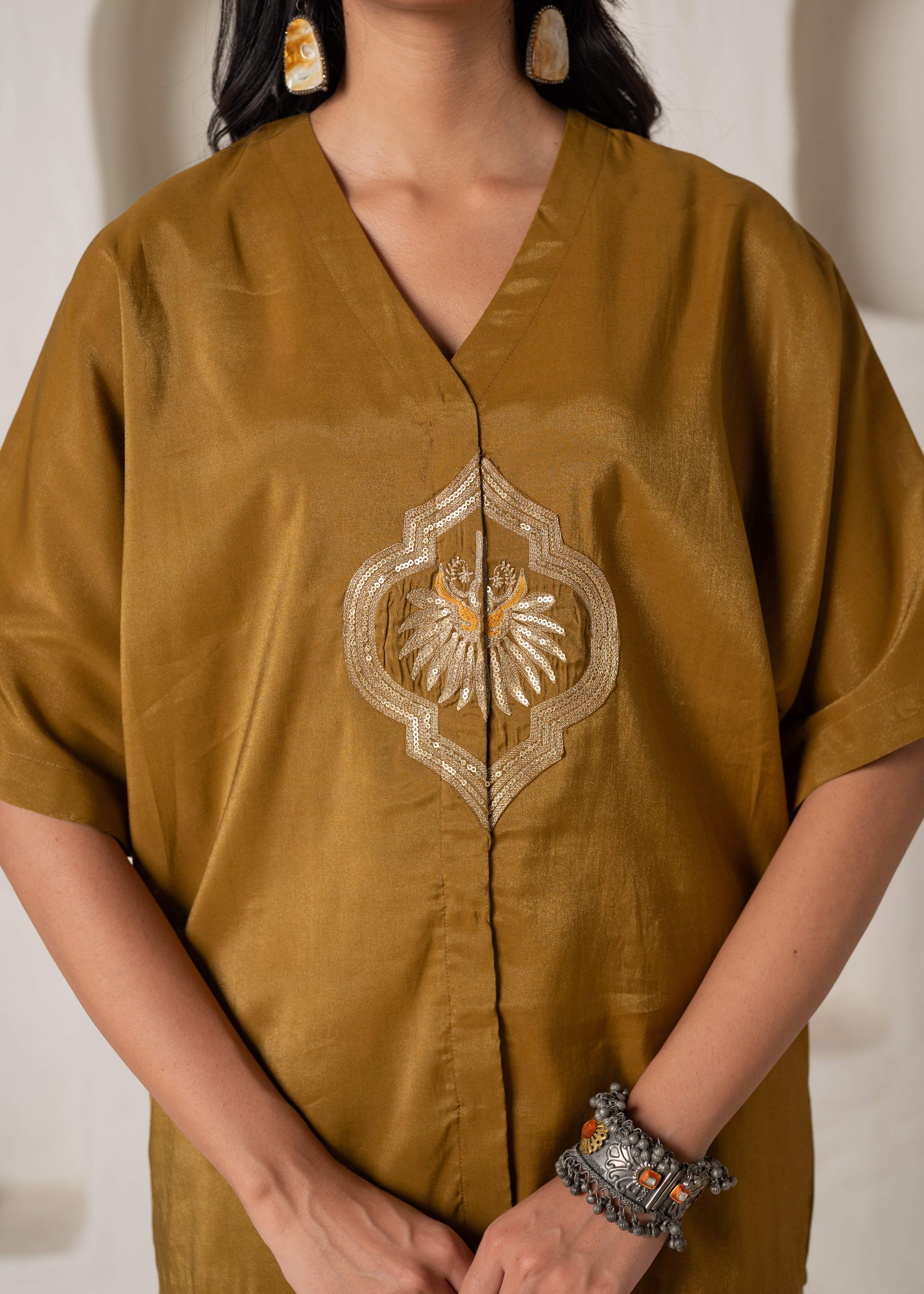 Juniper Mustard Viscose Solid A-Line Tunic With Pants Co-Ord Set With Zari & Sequence Work | Grocsy