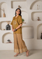 Juniper Mustard Viscose Solid A-Line Tunic With Pants Co-Ord Set With Zari & Sequence Work | Grocsy
