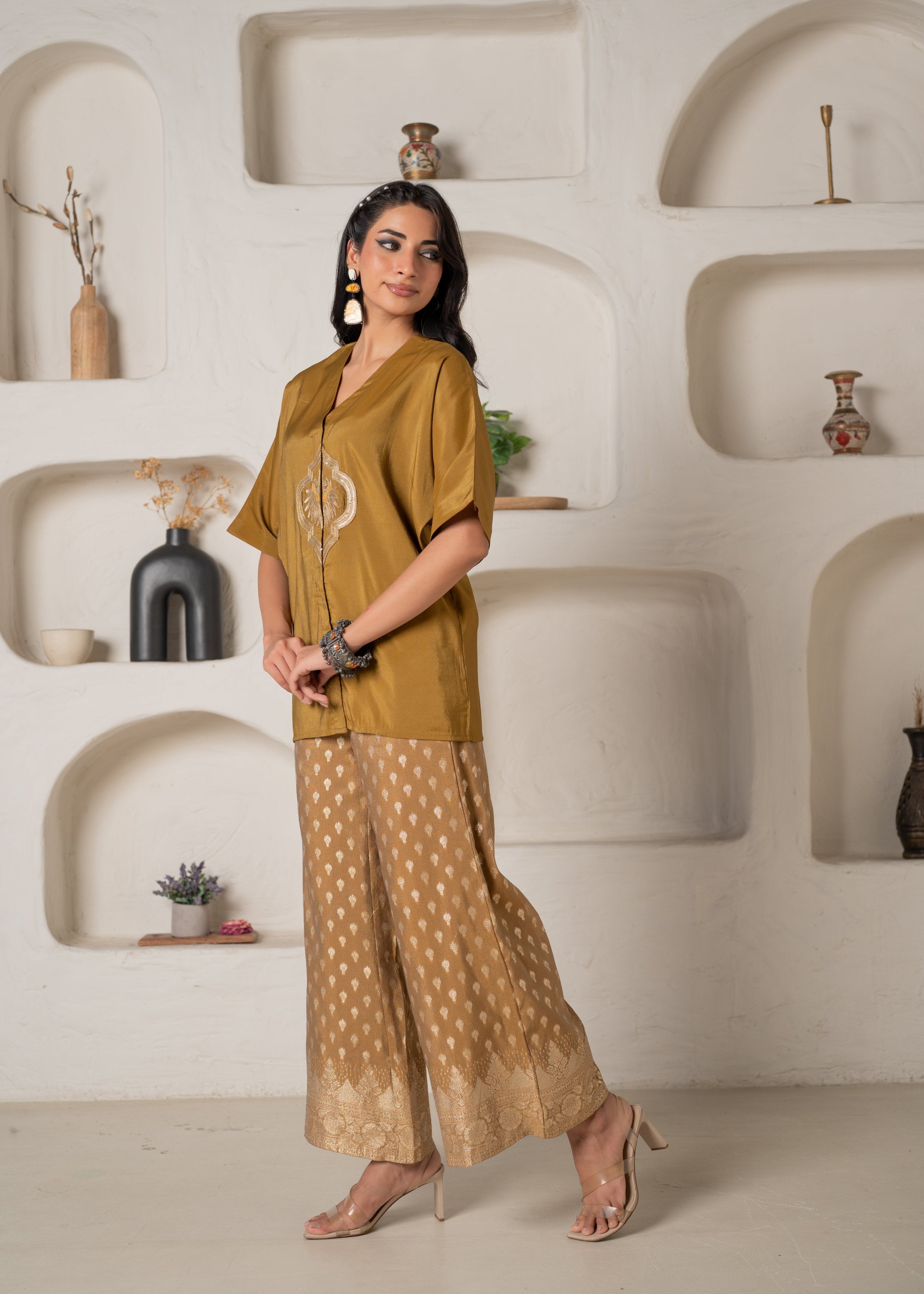 Juniper Mustard Viscose Solid A-Line Tunic With Pants Co-Ord Set With Zari & Sequence Work | Grocsy