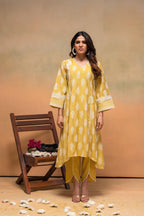Juniper Viscose Yellow Embroidered Kurta Pant Co-Ordset With Thread Work & Lace | Grocsy