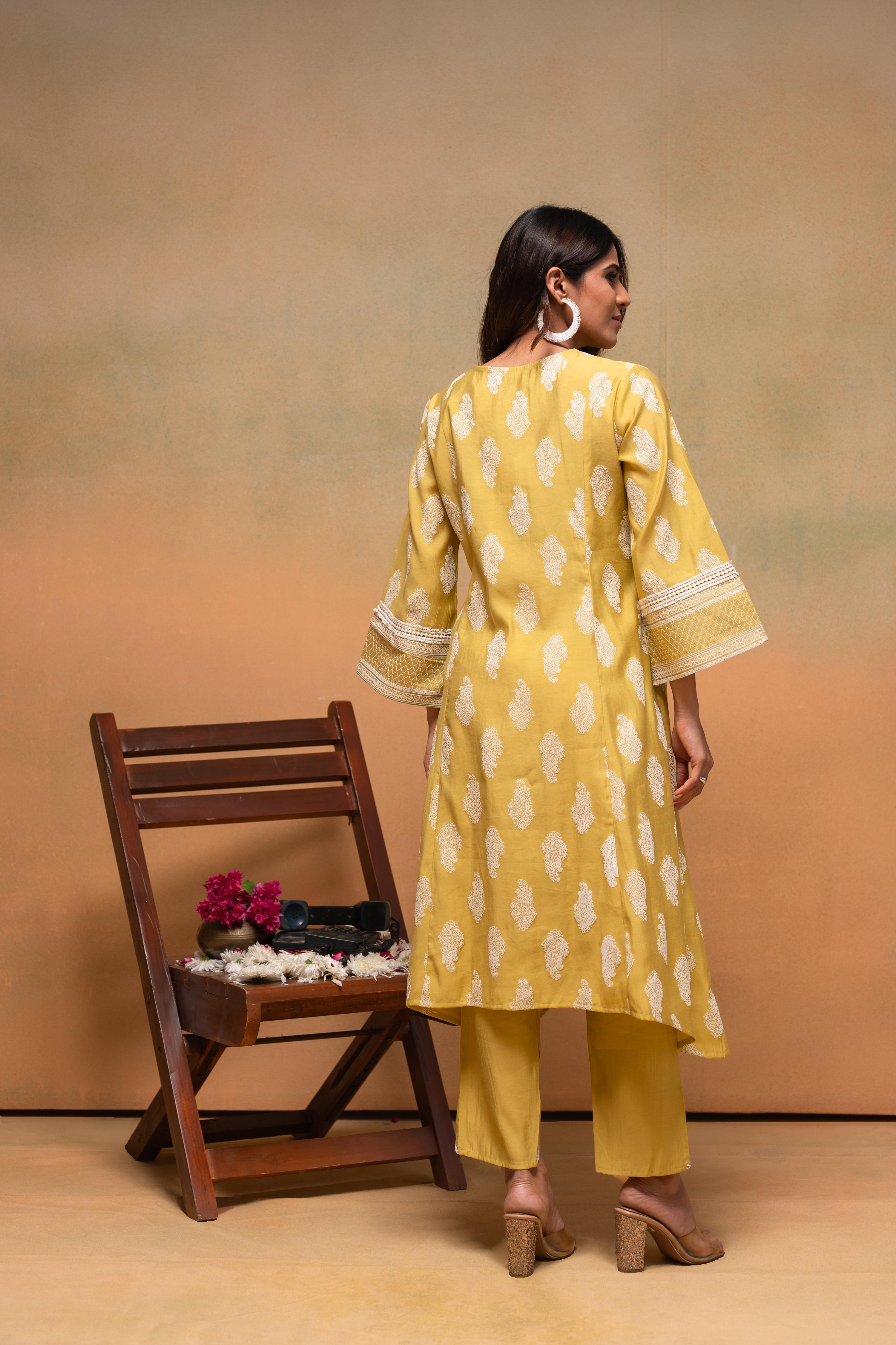 Juniper Viscose Yellow Embroidered Kurta Pant Co-Ordset With Thread Work & Lace | Grocsy