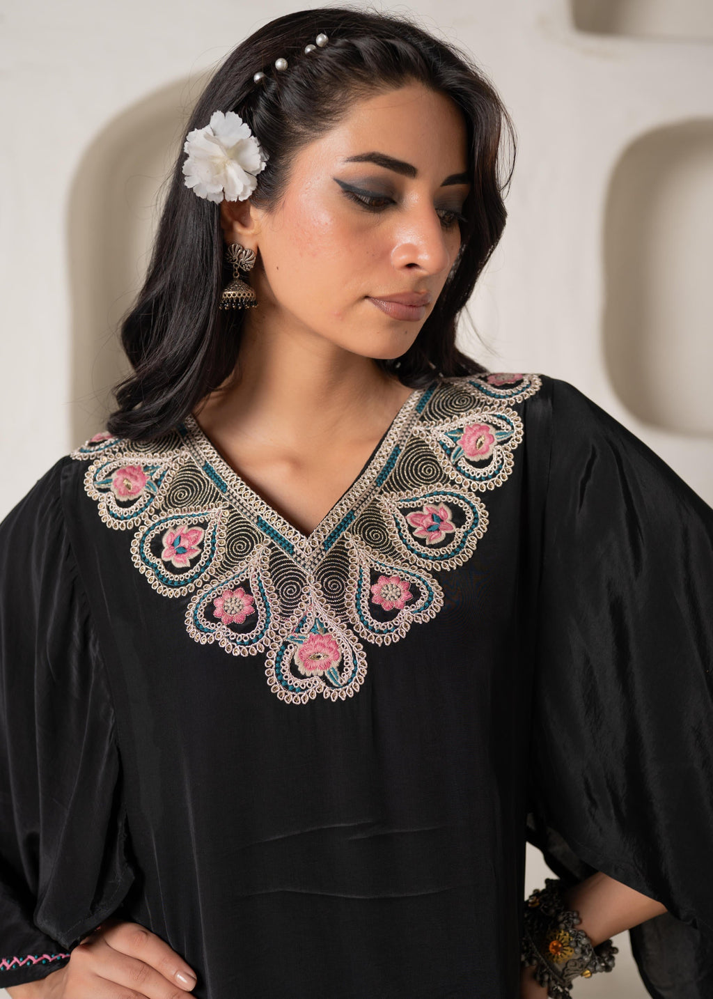Juniper Noir Bloom Kaftan Kurta Pant Set | Grocsy