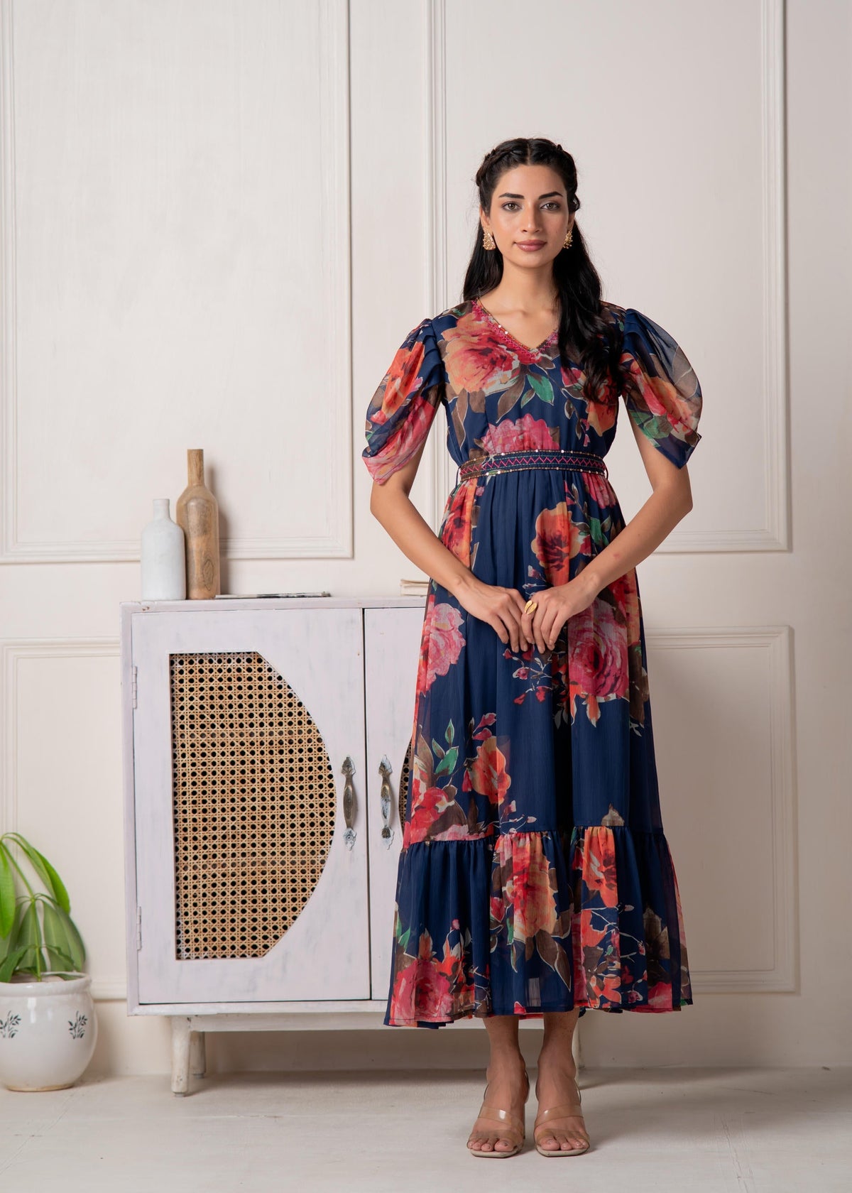 Juniper Navy Blue Floral Printed Fit & Flare Maxi Dress | Grocsy