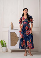 Juniper Navy Blue Floral Printed Fit & Flare Maxi Dress | Grocsy