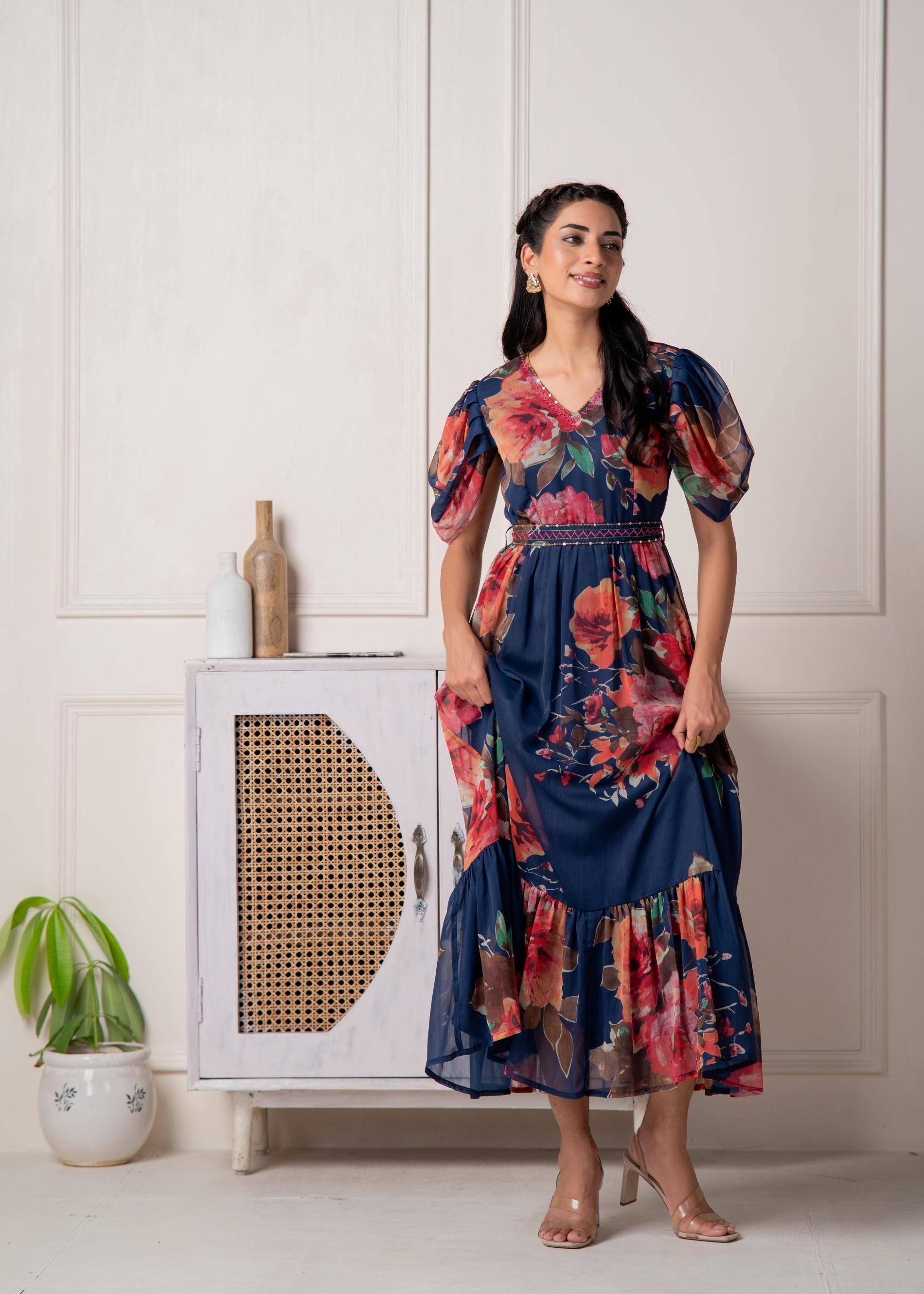 Juniper Navy Blue Floral Printed Fit & Flare Maxi Dress | Grocsy