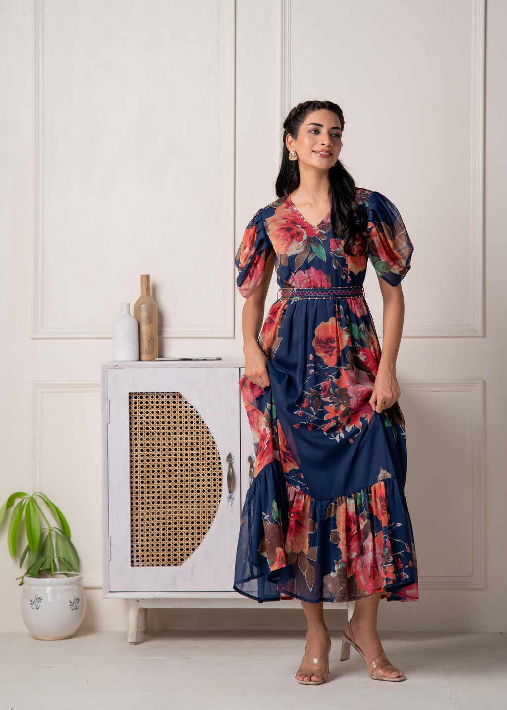 Juniper Navy Blue Floral Printed Fit & Flare Maxi Dress | Grocsy