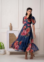 Juniper Navy Blue Floral Printed Fit & Flare Maxi Dress | Grocsy