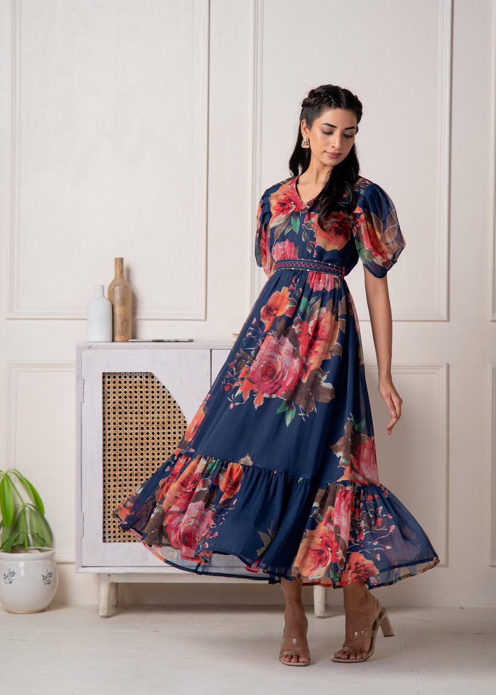 Juniper Navy Blue Floral Printed Fit & Flare Maxi Dress | Grocsy