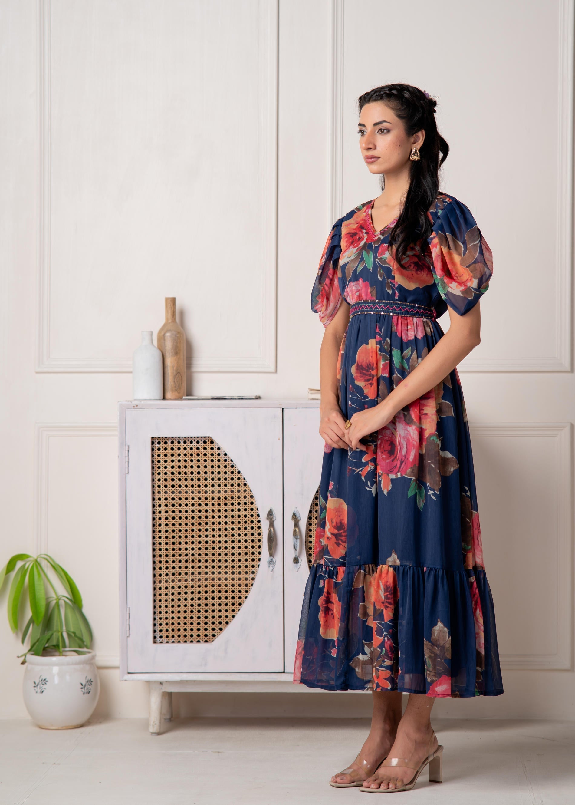 Juniper Navy Blue Floral Printed Fit & Flare Maxi Dress | Grocsy
