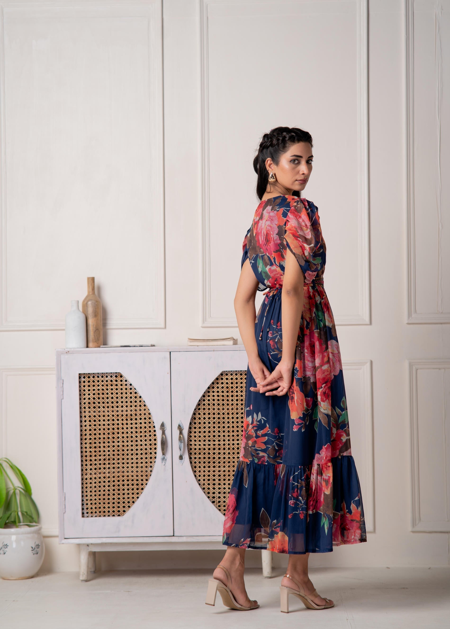 Juniper Navy Blue Floral Printed Fit & Flare Maxi Dress | Grocsy
