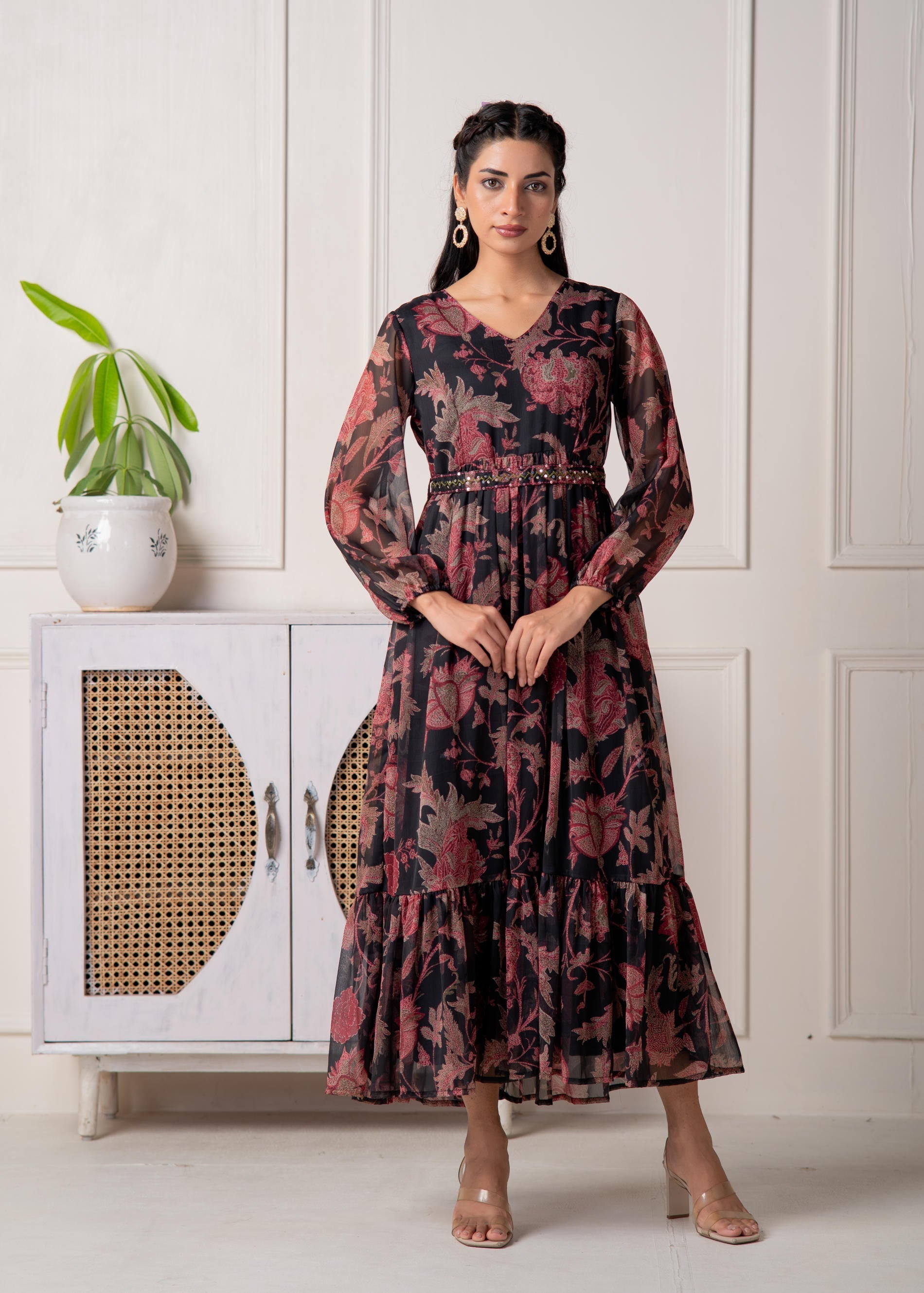Juniper Floral Printed Black Dress With Sheer Sleeves & Beaded Waist Detailing | Grocsy