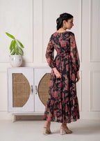 Juniper Floral Printed Black Dress With Sheer Sleeves & Beaded Waist Detailing | Grocsy