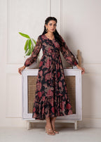 Juniper Floral Printed Black Dress With Sheer Sleeves & Beaded Waist Detailing | Grocsy
