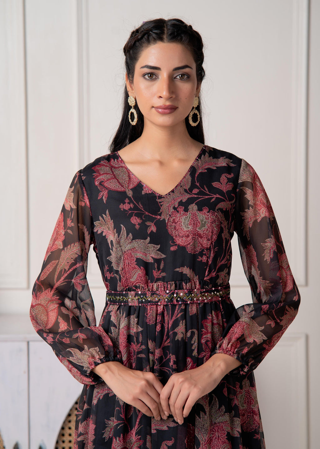 Juniper Floral Printed Black Dress With Sheer Sleeves & Beaded Waist Detailing | Grocsy
