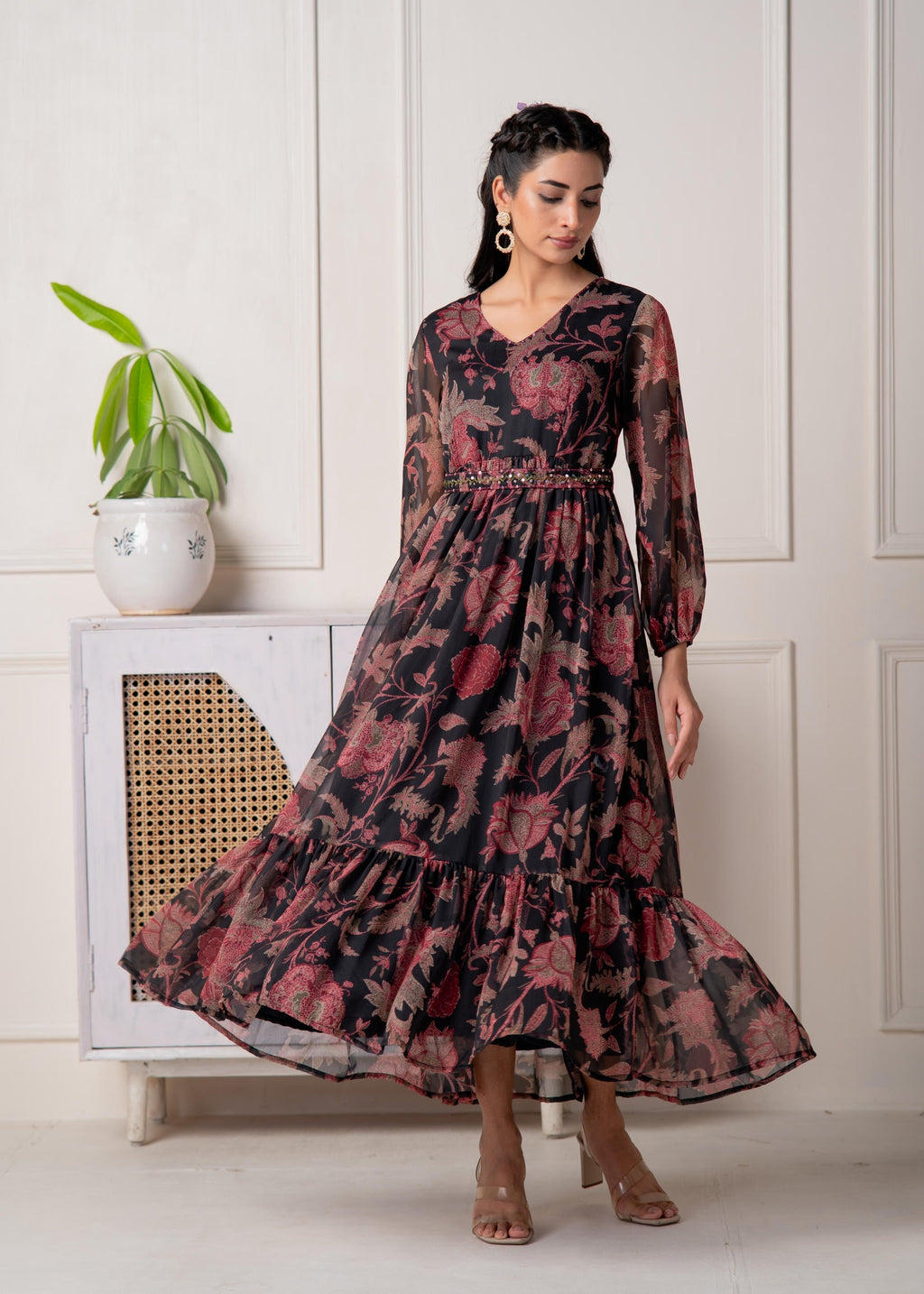 Juniper Floral Printed Black Dress With Sheer Sleeves & Beaded Waist Detailing | Grocsy