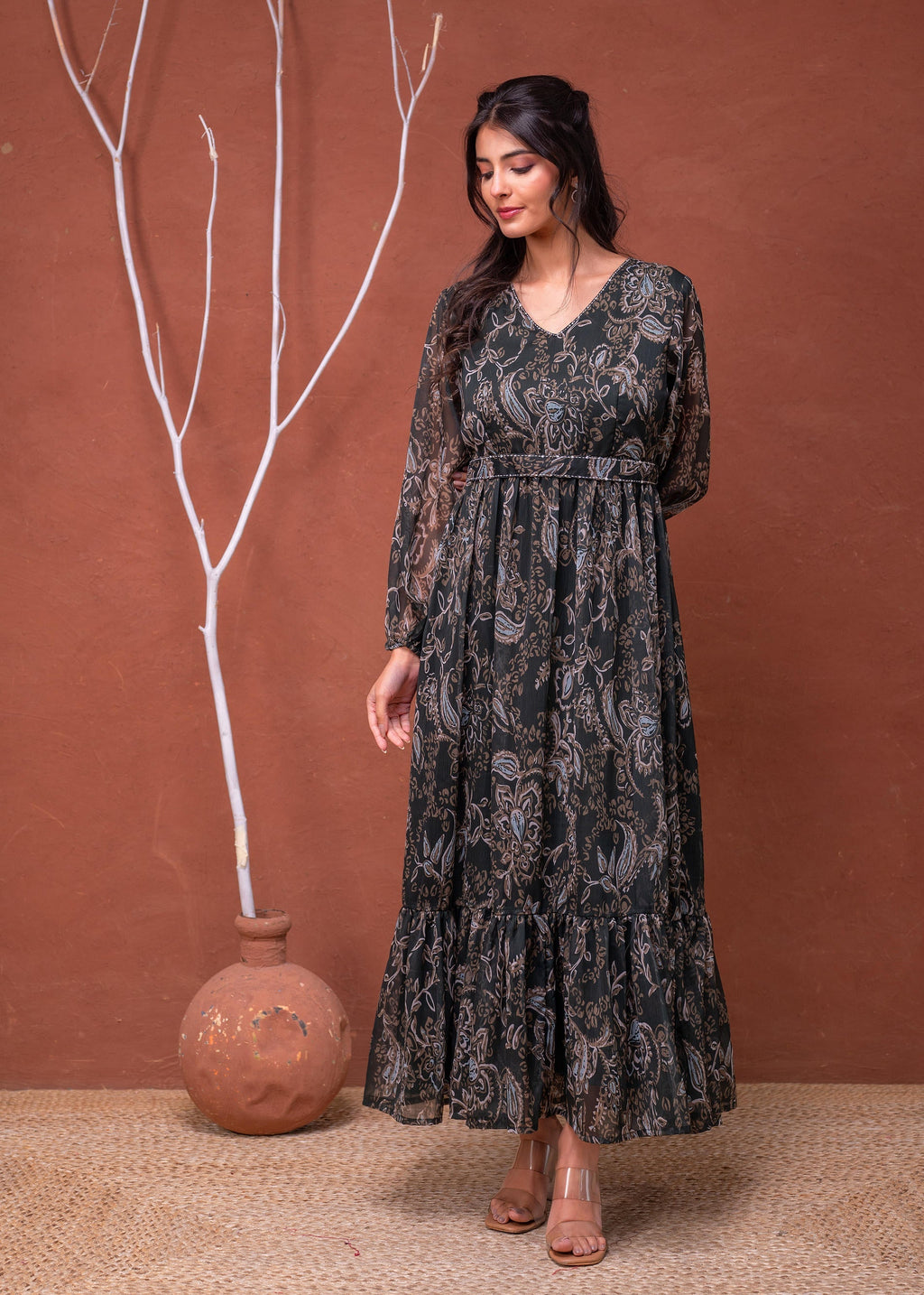 Juniper Floral Printed Dress With Sheer Sleeves & Beaded Waist Detailing | Grocsy
