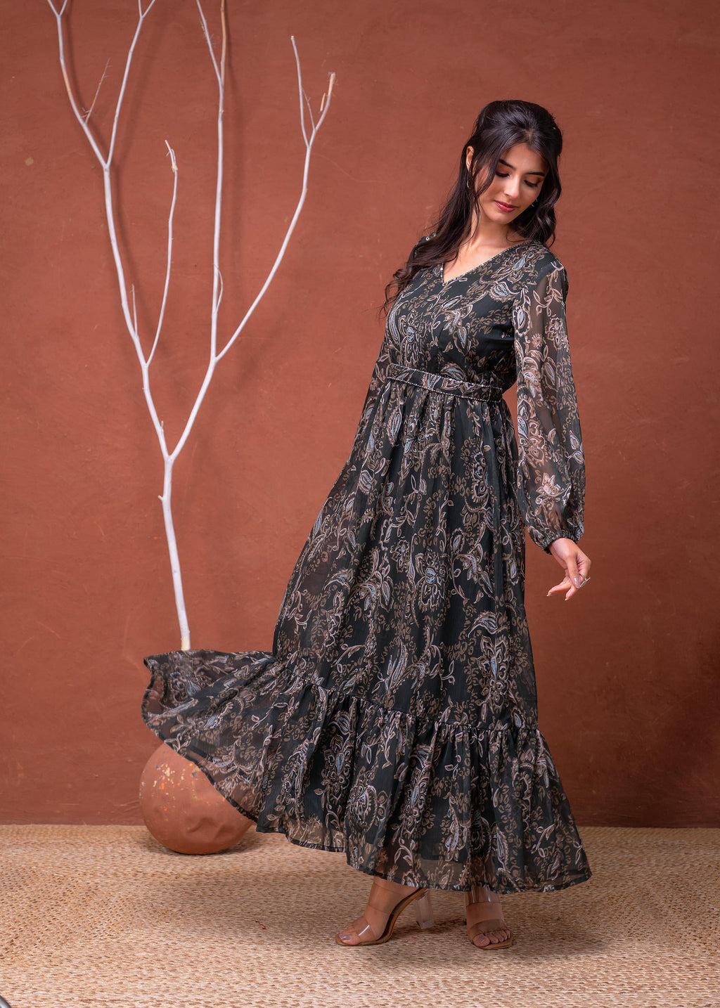 Juniper Floral Printed Dress With Sheer Sleeves & Beaded Waist Detailing | Grocsy