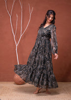 Juniper Floral Printed Dress With Sheer Sleeves & Beaded Waist Detailing | Grocsy
