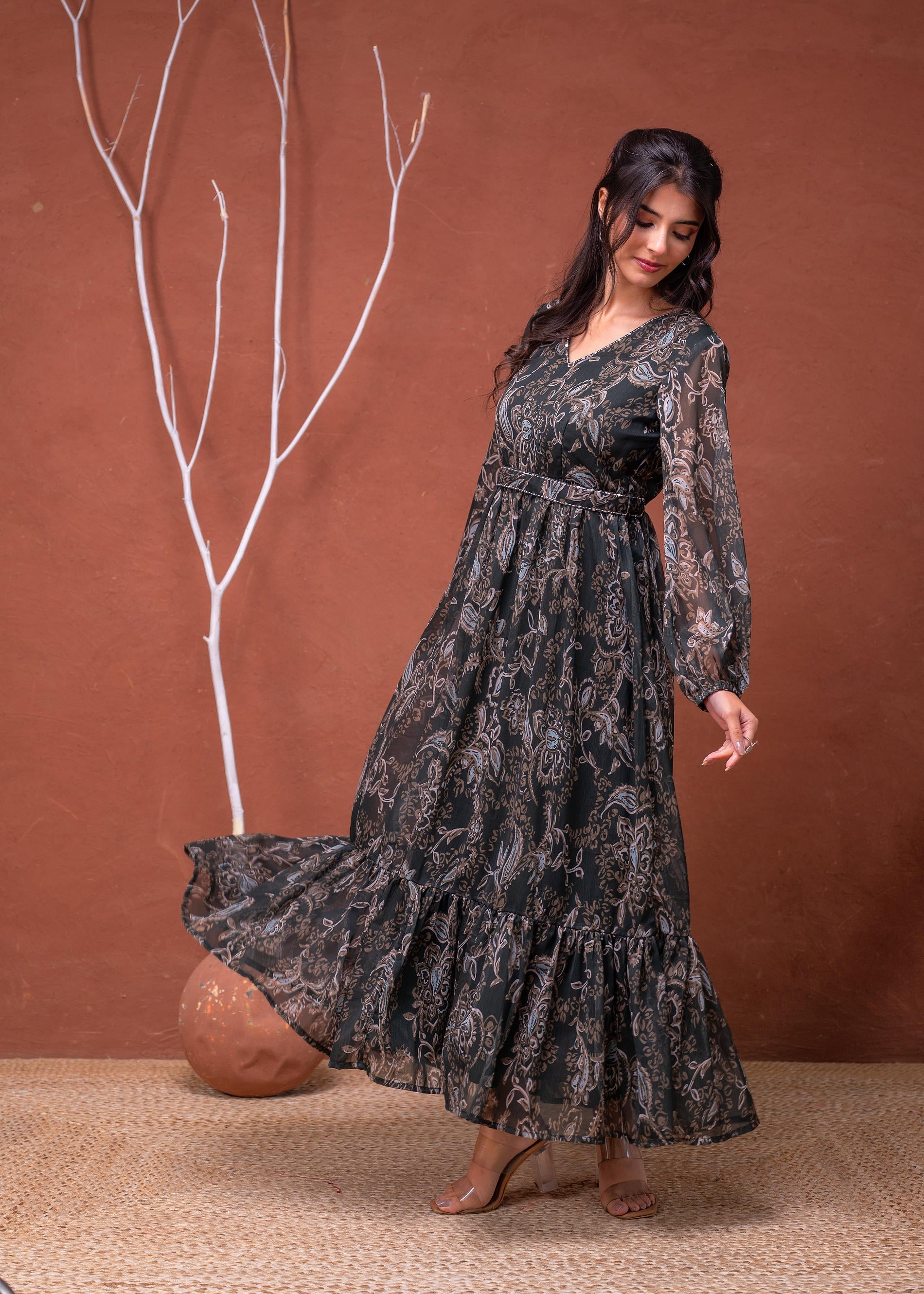 Juniper Floral Printed Dress With Sheer Sleeves & Beaded Waist Detailing | Grocsy