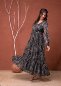 Juniper Floral Green Printed Dress With Sheer Sleeves & Beaded Waist Detailing | Grocsy