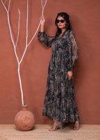 Juniper Floral Printed Dress With Sheer Sleeves & Beaded Waist Detailing | Grocsy