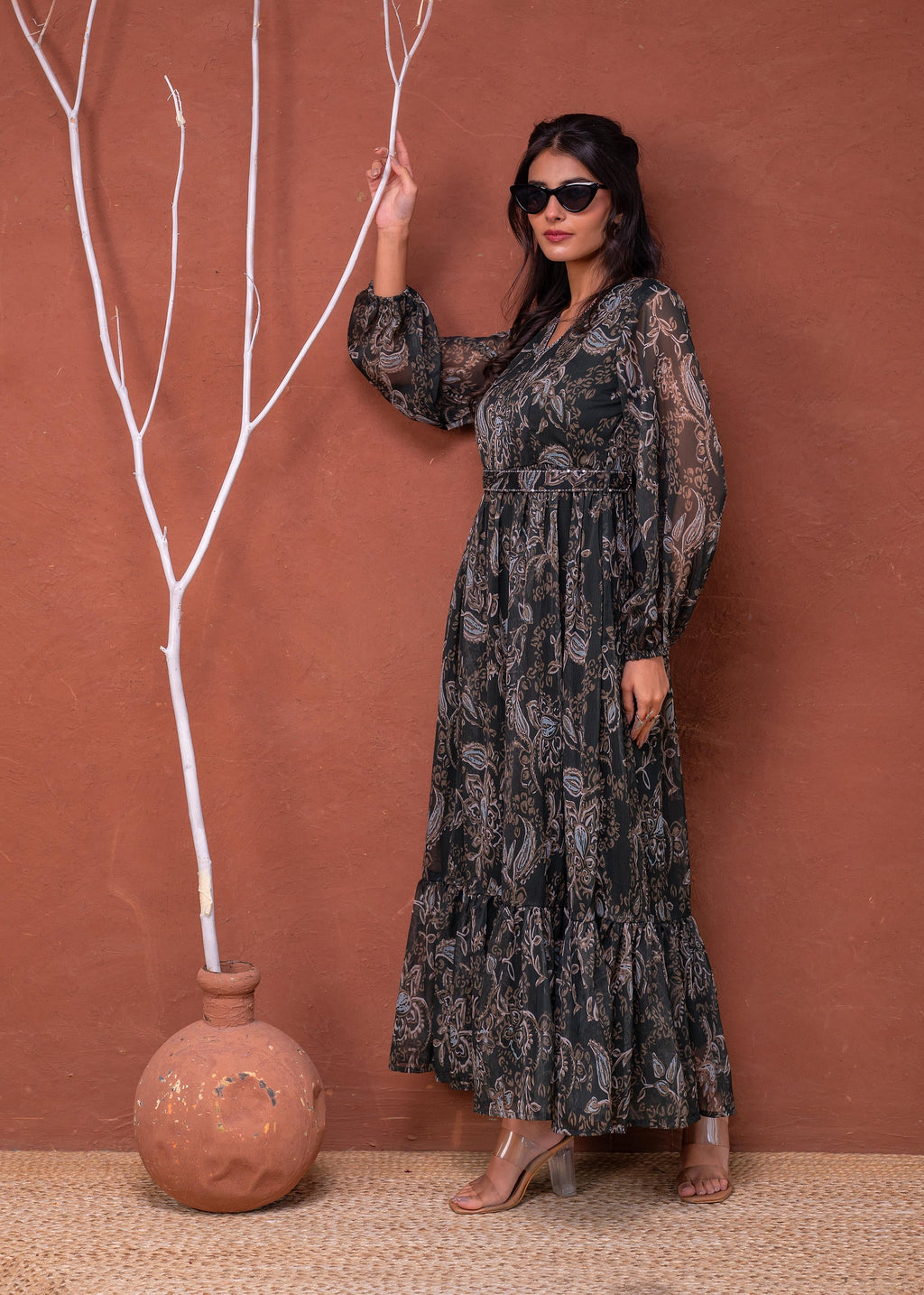 Juniper Floral Green Printed Dress With Sheer Sleeves & Beaded Waist Detailing | Grocsy