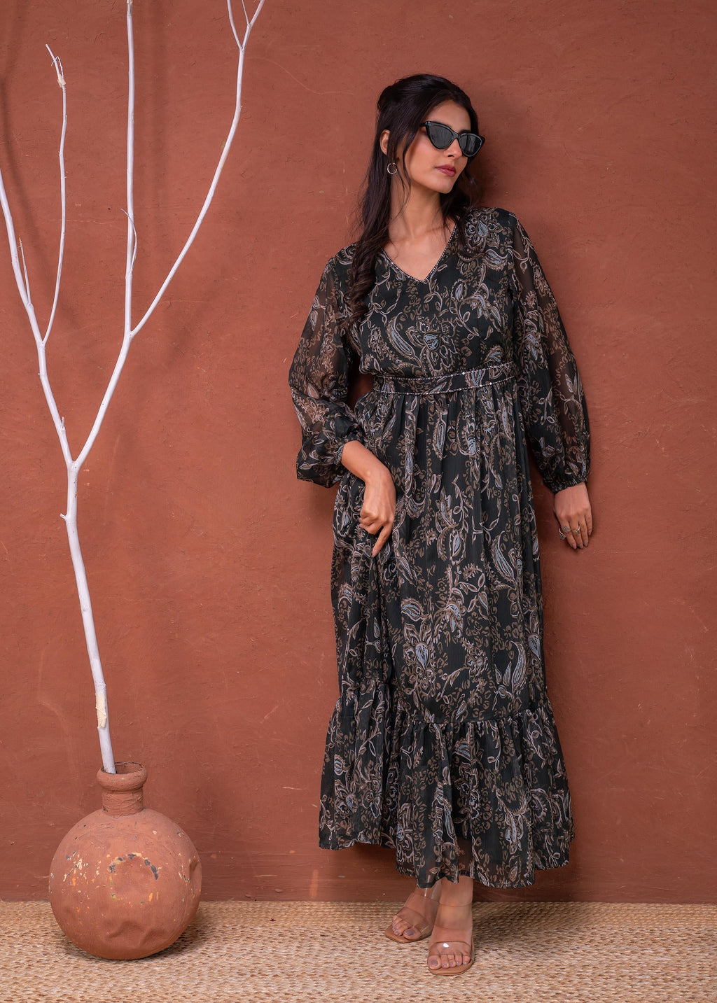 Juniper Floral Printed Dress With Sheer Sleeves & Beaded Waist Detailing | Grocsy