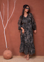 Juniper Floral Printed Dress With Sheer Sleeves & Beaded Waist Detailing | Grocsy