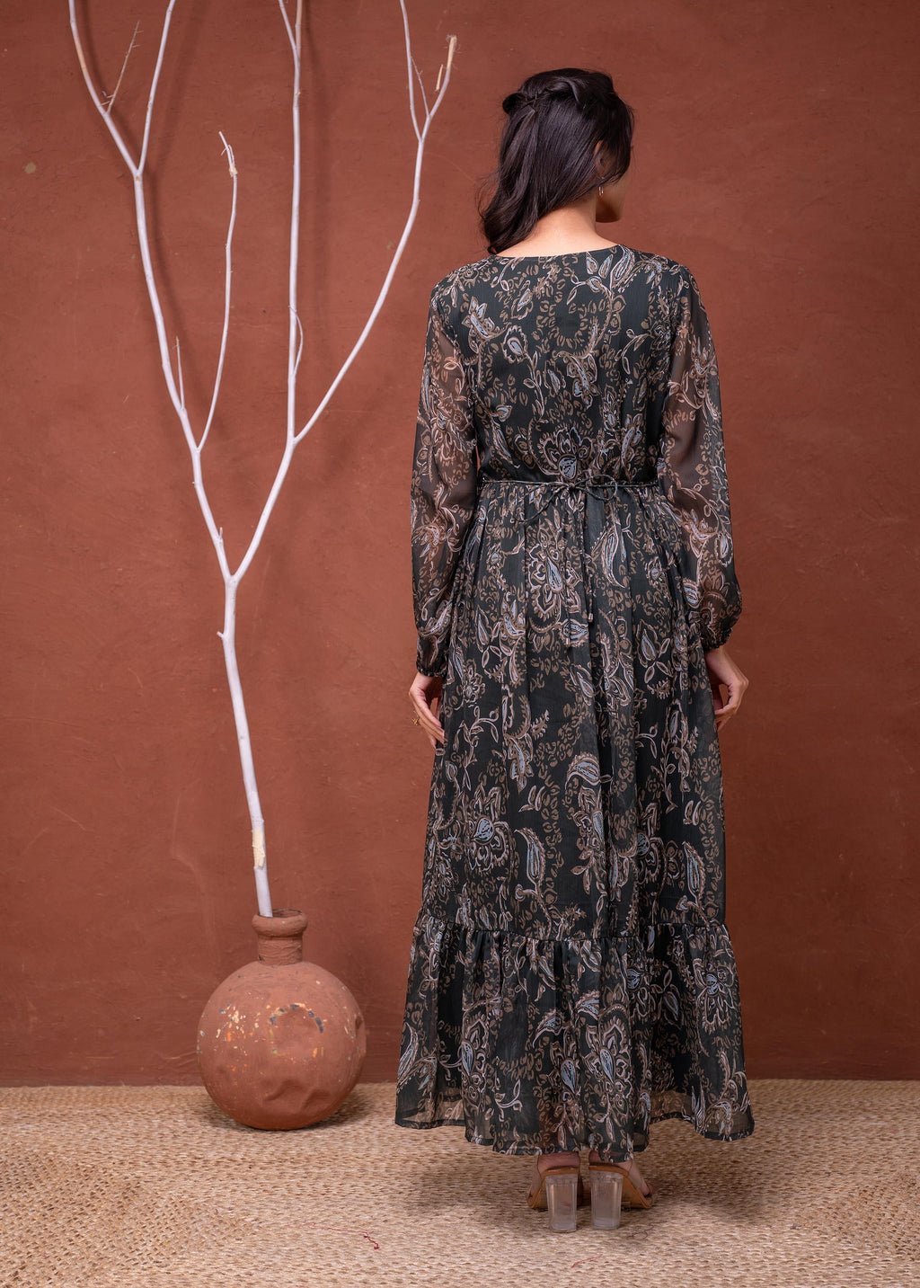 Juniper Floral Printed Dress With Sheer Sleeves & Beaded Waist Detailing | Grocsy
