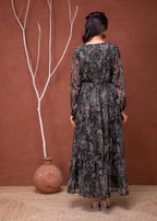 Juniper Floral Printed Dress With Sheer Sleeves & Beaded Waist Detailing | Grocsy