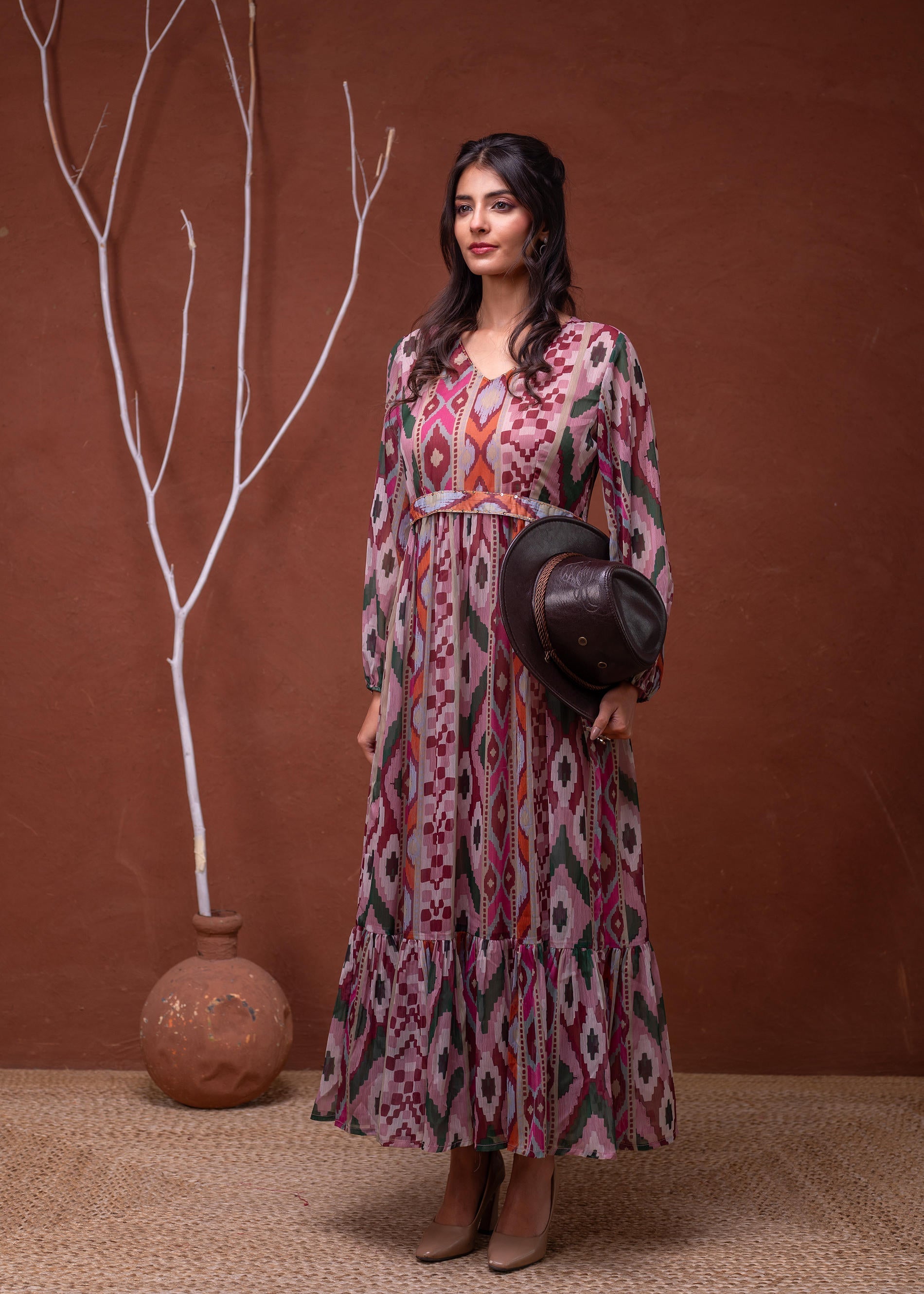 Juniper Floral Printed Pink Dress With Sheer Sleeves & Beaded Waist Detailing | Grocsy