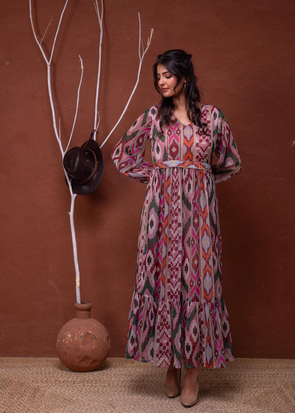 Juniper Floral Multi Printed Dress With Sheer Sleeves & Beaded Waist Detailing | Grocsy