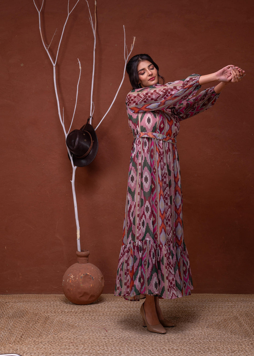 Juniper Floral Printed Pink Dress With Sheer Sleeves & Beaded Waist Detailing | Grocsy